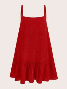 SHEIN EZwear 情人节，大码荷叶边下摆吊带连衣裙 - 紅色 - 查看 1