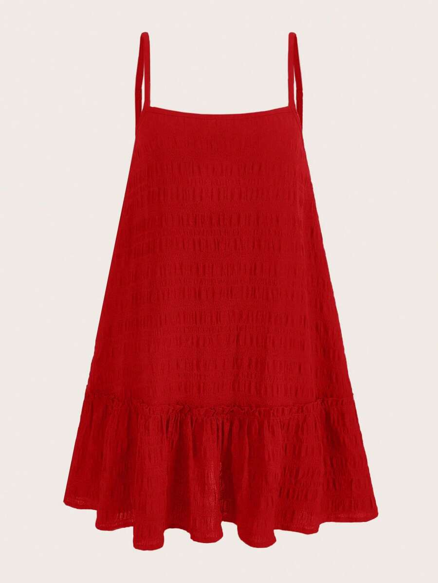 SHEIN EZwear 情人节，大码荷叶边下摆吊带连衣裙 - 紅色 - 查看 1