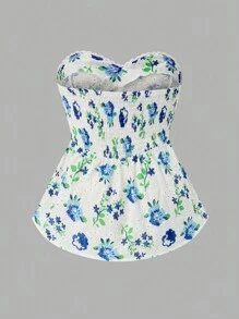 SHEIN Holidaya Của phụ nữ Kích thước lớn Hoa In Xu hướng: Cắt giảm Thêu Ống ngọn - Màu xanh lam - Xem 2