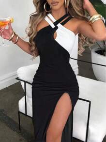 Xyvia Vestido largo de mujer con diseño de bloqueo de color, cuello halter y corte dividido