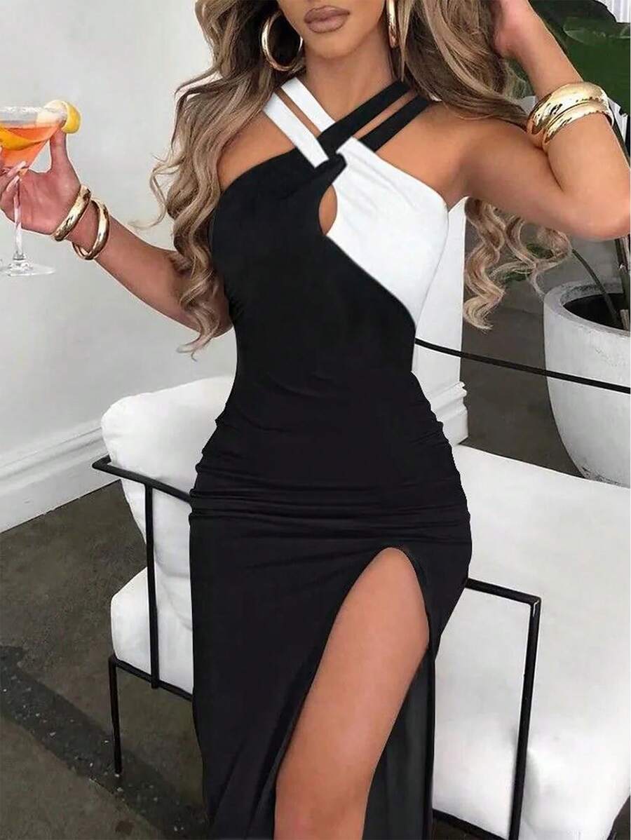 Xyvia Vestido largo de mujer con diseño de bloqueo de color, cuello halter y corte dividido