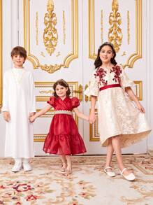 SHEIN 年輕女孩時尚刺繡泡泡袖A線連衣裙，搭配編織腰帶和透明紗領 - 酒紅色 - 查看 9