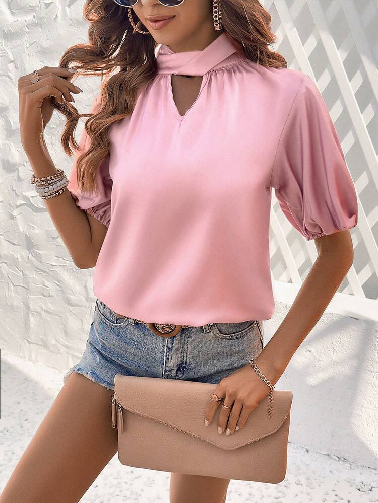 Solid Color Twist Knot Puff Short Sleeve Blouse