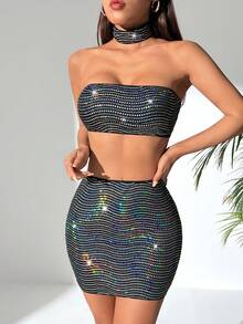 SHEIN PETITE Women's Sparkle Rhinestone Sexy Strapless Bustier Top And Skirt Set - Black - View 5