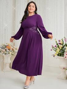 Modelyn Plus Size Rhinestone Decor Pleated Waist Lantern Sleeve Dress Long Evening Dresses - Purple - View 5