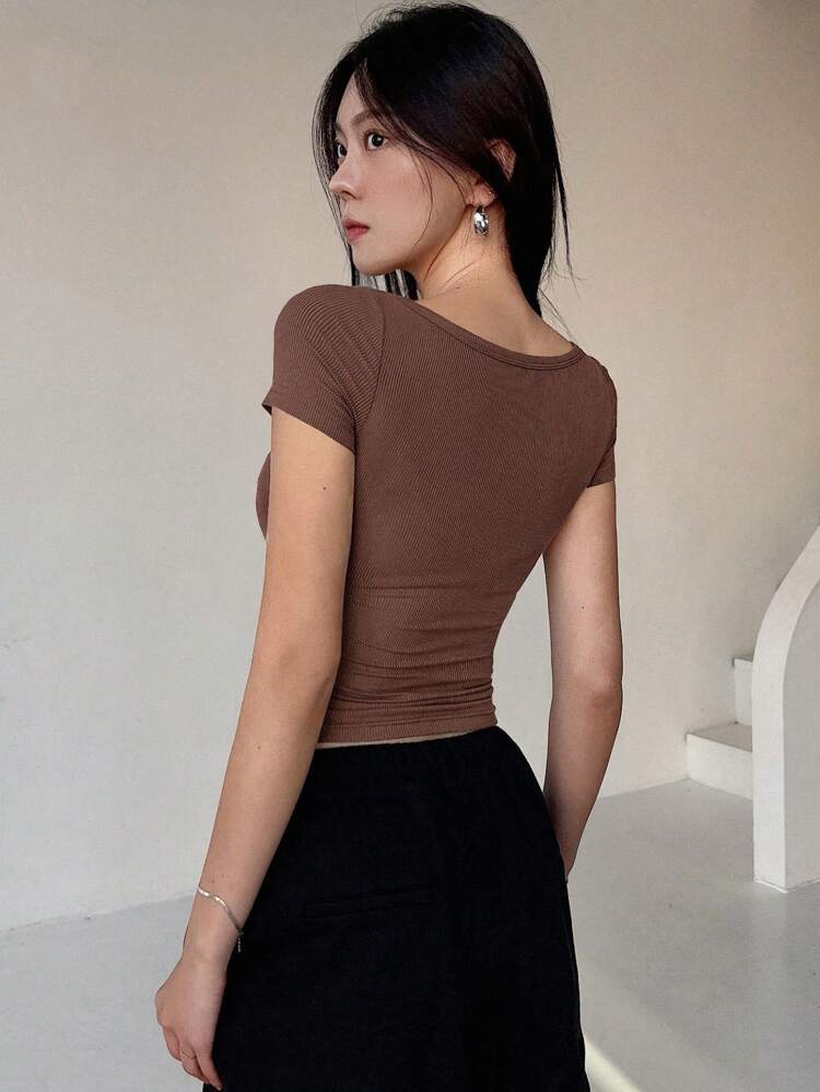 Women's Button Half Placket Ribbed Knit T-Shirt