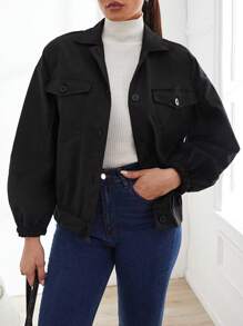 EURMUSE Flap Pocket Drop Shoulder Jacket - Black - View 1