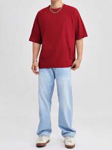 SWAVVY Men's Round Neck Drop Shoulder Knitted Casual T-Shirt, Summer
