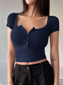 DAZY Camiseta de punto acanalado con botones y media cartera, estilo preppy para mujer - Azul Marino - Ver 4