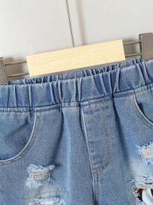 Young Boy's Daily Fashionable Casual Graffiti Letter Print T-Shirt And Denim Shorts Set