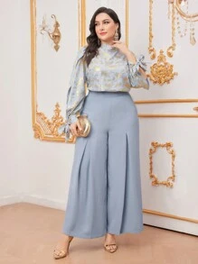 Modelyn Plus Size Women's Stand Collar Top And Wide Leg Pants Set With Gold Foil Print - Multicolor - View 3