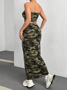 SHEIN EZwear Ladies' Camouflage Bandeau Top And Midi Length Skirt With Tie Set - Multicolor - View 2