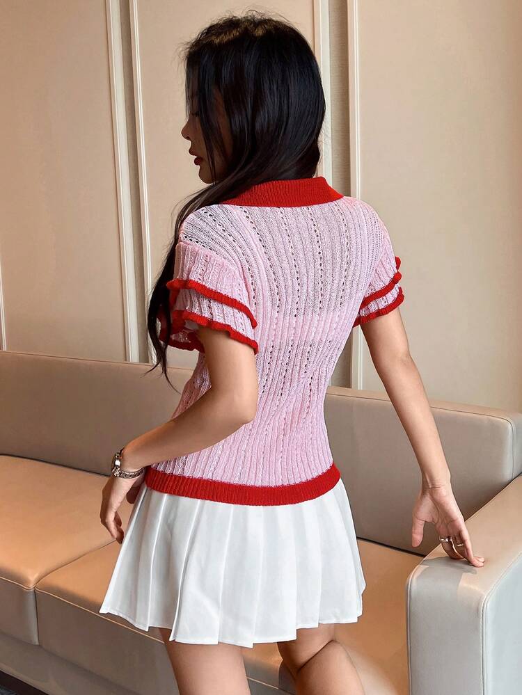 Women's Colorblocking Short Sleeve Knitted Top With Decorative Trims