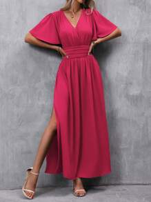 EMERY ROSE Women's Butterfly Sleeve Waist-Cinching Slit Dress Maxi Women Outfit - Hot Pink - View 5