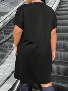 Flirla 大尺寸女士圓領吉他和字母印花短袖t卹 - 黑色 - 查看 2