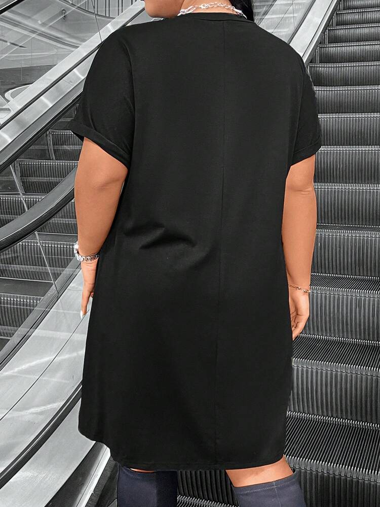 Plus Size Women's Round Neck Guitar & Letter Print Short Sleeve T-Shirt