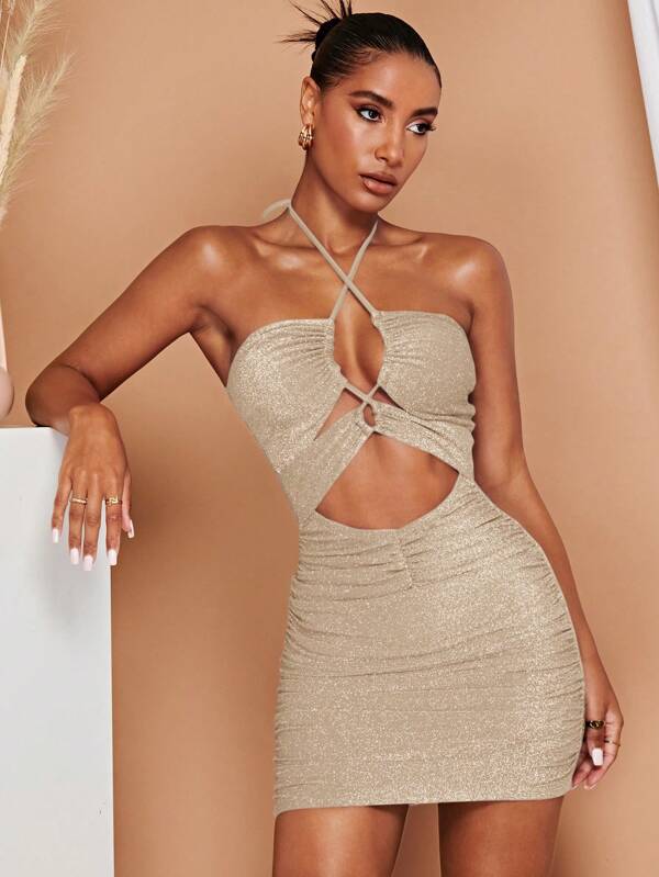SHEIN BAE Vestito Aderente Senza Maniche Con Scollo Ad Anello In Maglia D'oro E Argento