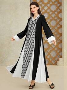 Al Najma Women's Geometric Pattern V-Neck Long Sleeve Color Block Dress
