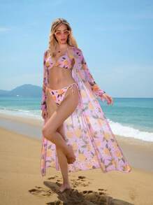 SHEIN Swim Women's Orange Floral Printed Bikini Set Summer - Multicolor - View 4