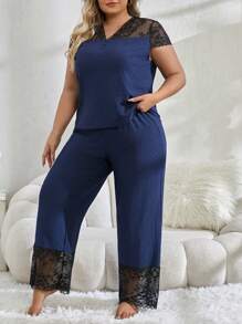 Plus Size Women's Lace Patchwork Short Sleeve Top And Pants Pajama Set - Royal Blue - View 3