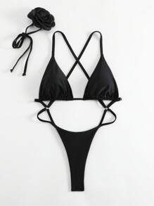 SHEIN Swim 女士纯色细肩带连体泳衣 夏季 - 黑色 - 查看 7