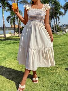 SHEIN SunnyBelle Hai lớp Ruffle Dây đeo Gầy Nếp uốn Kích thước lớn Đầm - Màu be - Xem 5