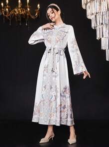 Al Najma Vestido Para Mujer Con Cuello Alto, Manga Larga Y Cinturón - Multicolor - Ver 4