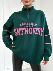 EURMUSE Women's Letter Pattern Stand Collar Sweater - Dark Green - View 4