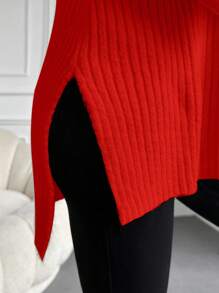 EURMUSE High Neck Drop Shoulder Split Hem Sweater - Red - View 3