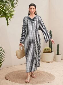 Al Najma 千鳥格紋長袖阿拉伯風格連身裙 - 黑與白 - 查看 6