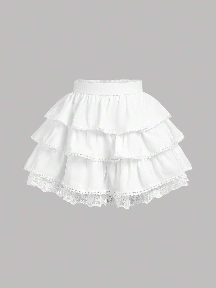 SHEIN Girlism Tween Girls' Vacation & Leisure Spring/Summer Woven Tiered Ruffle Skirt