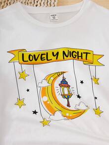 SHEIN تيشيرت قصير أنيق بعنق دائري للفتيات المراهقات، بتصميم كرتوني جذاب وأسلوب أنثوي في الأكمام - أبيض - مشاهدة 5