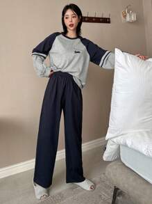 DAZY Ladies' Contrast Insert Raglan Long Sleeve Top & Pants Set With Letter Printed For Home Wear Pajama - Navy Blue - View 7