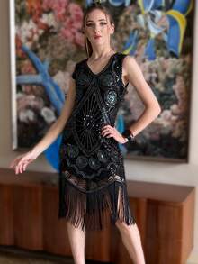 ANGEL FASHIONS 女式 20 世纪 20 年代复古 V 领闪光流苏鸡尾酒裙 - 彩色 - 查看 5