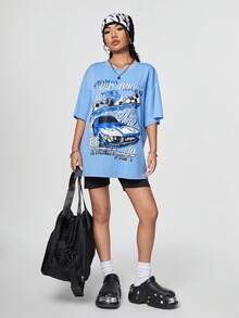 SHEIN Coolane Women's Loose Fit T-Shirt With Printed Racing Car Design - Baby Blue - View 4