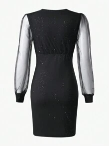 Zolique Women's Mesh Spliced Silver Foil Print Dress - Black - View 2