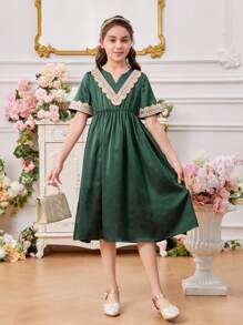 SHEIN 少女優雅風格洋裝,剪裁領口,編織腰帶裝飾 - 墨綠色 - 查看 4