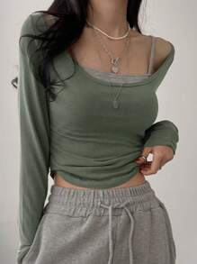 DAZY 女式两件套吊带背心和 T 恤，秋季服装长袖女上衣 - 軍綠色 - 查看 8