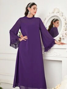 Al Najma Stand Collar Tassel Cuff Bell Sleeve Dress - Purple - View 4