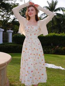 Vestido Feminino Com Estampa De Plantas E Alça Espaguete Franzido Com Cintura Elástica E Franzido Na Frente