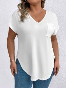 EMERY ROSE V-ausschnitt T-shirt Für Frauen In Übergröße Mit Gebogenem Saum - Weiss - Übersicht 6