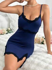 Women's Lace Trimmed Split Hem Cami Slip Dress - Navy Blue - View 3