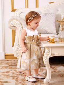 SHEIN Baby Girl Color-Blocked Gold Floral Pattern 3d Flower Sleeveless Dress - Beige - View 4