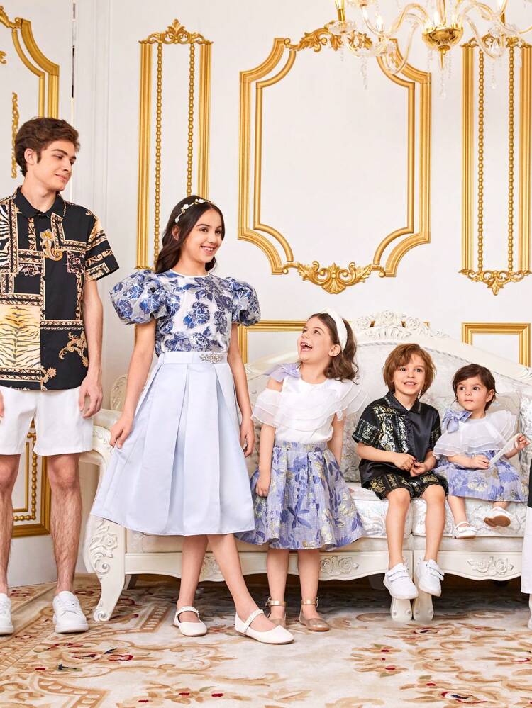 2pcs Tween Girl Sibling Outfits: Jacquard Round Neck Puff Sleeve Shirt And Color-Block Mini Skirt Set