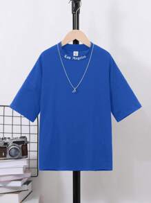 SHEIN Tween Boys' Gothic Style Printed Knitted Oversized Crew Neck Sweatshirt With Ribbed Collar, Casual - Royal Blue - View 1