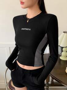 DAZY Women's Colorblock Letter Printed T-Shirt,Fall Clothes Long Sleeve Women Tops Crop Women Tops Cute Tops - Black - View 4