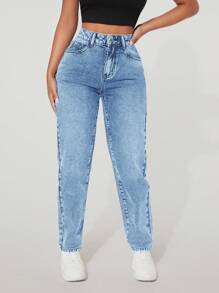 EURMUSE Quần Jeans Ống côn có Khóa Kéo Thường Ngày - Màu xanh nhạt - Xem 3