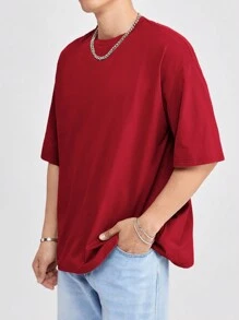 SWAVVY Men's Round Neck Drop Shoulder Knitted Casual T-Shirt, Summer