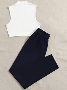 Chiquease Women's Solid Color Sleeveless Top And Belted Pants 2-Piece Set - Navy Blue - View 2