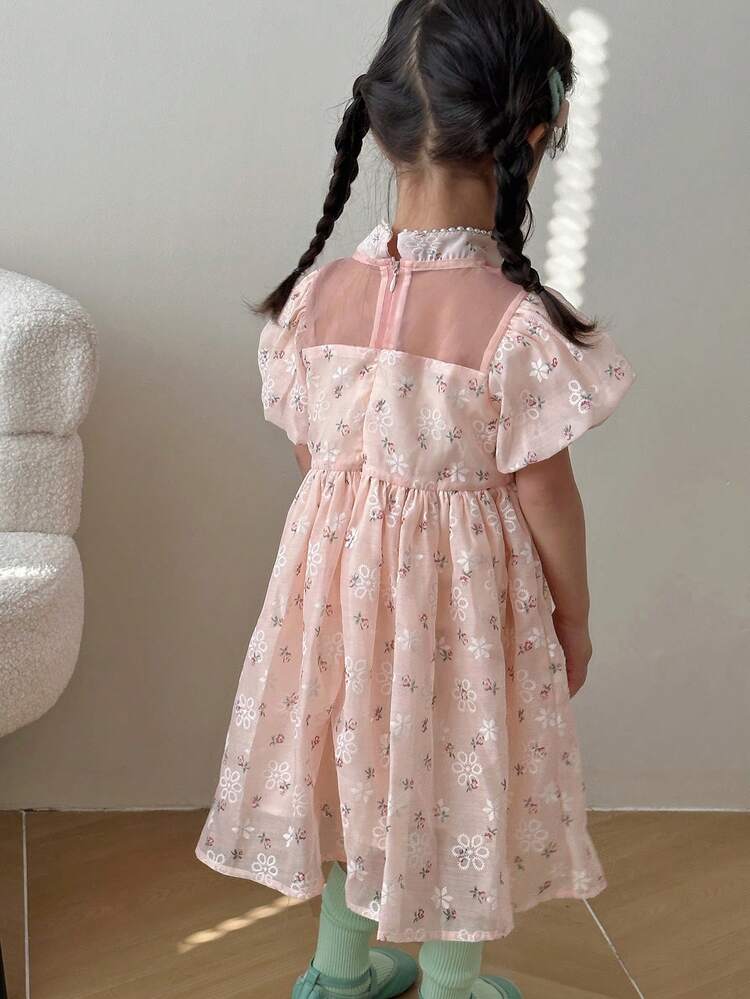 Young Girls' Pearl Stud & Embroidered Mesh Jointed Floral Print Puff Sleeve Dress